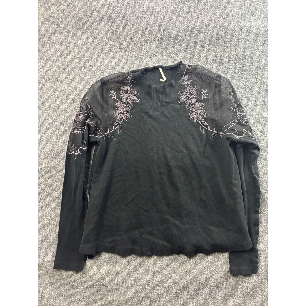 Free People Daniella Top Womens XS Embroidered Mesh Long Sleeve Ribbed Mock Neck